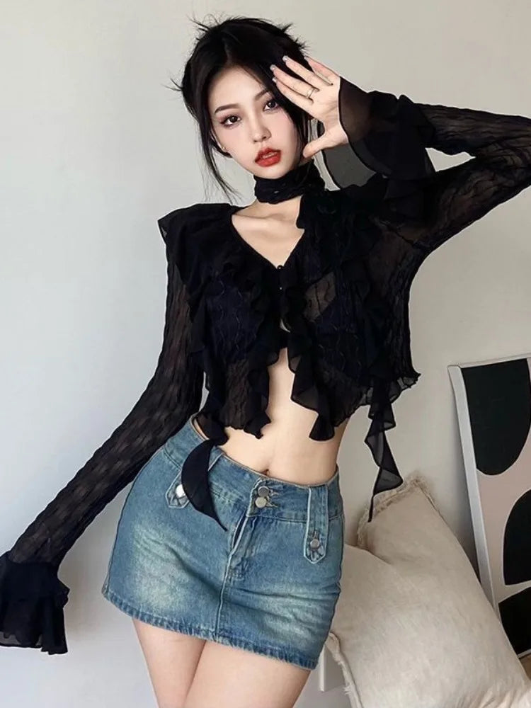 Grunge Black Women's Ruffled Blouse