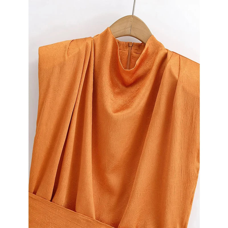 High Neck Sleeveless Satin Orange Blouse