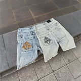 Colorful Embroidered High Waisted Denim Jorts