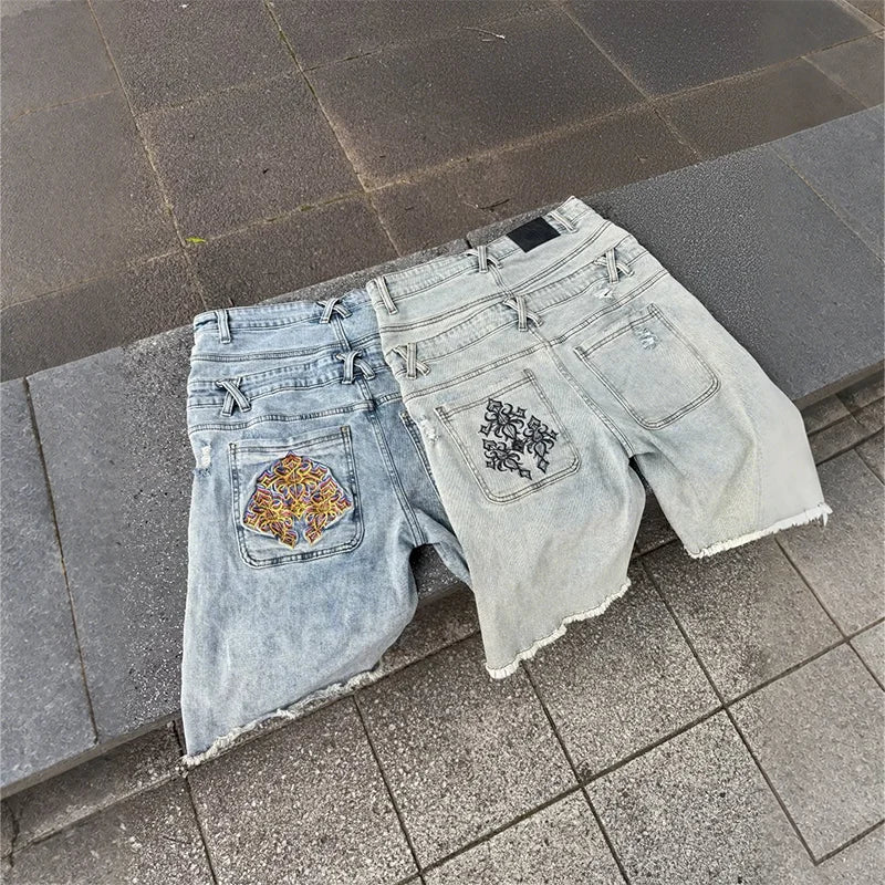 Colorful Embroidered High Waisted Denim Jorts