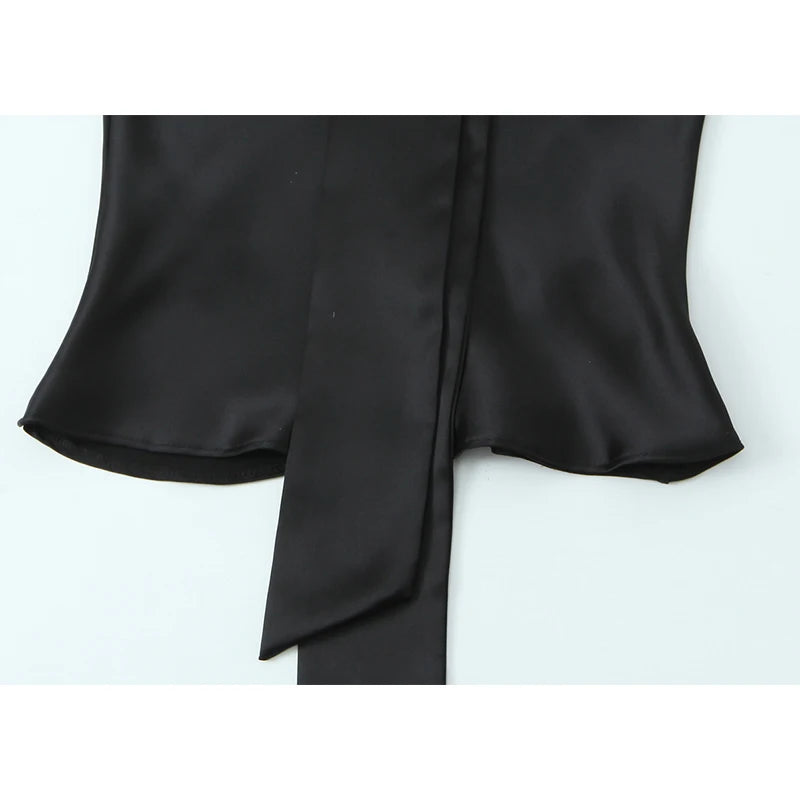 Long Sleeve V Neck With Scarf Satin Shirt