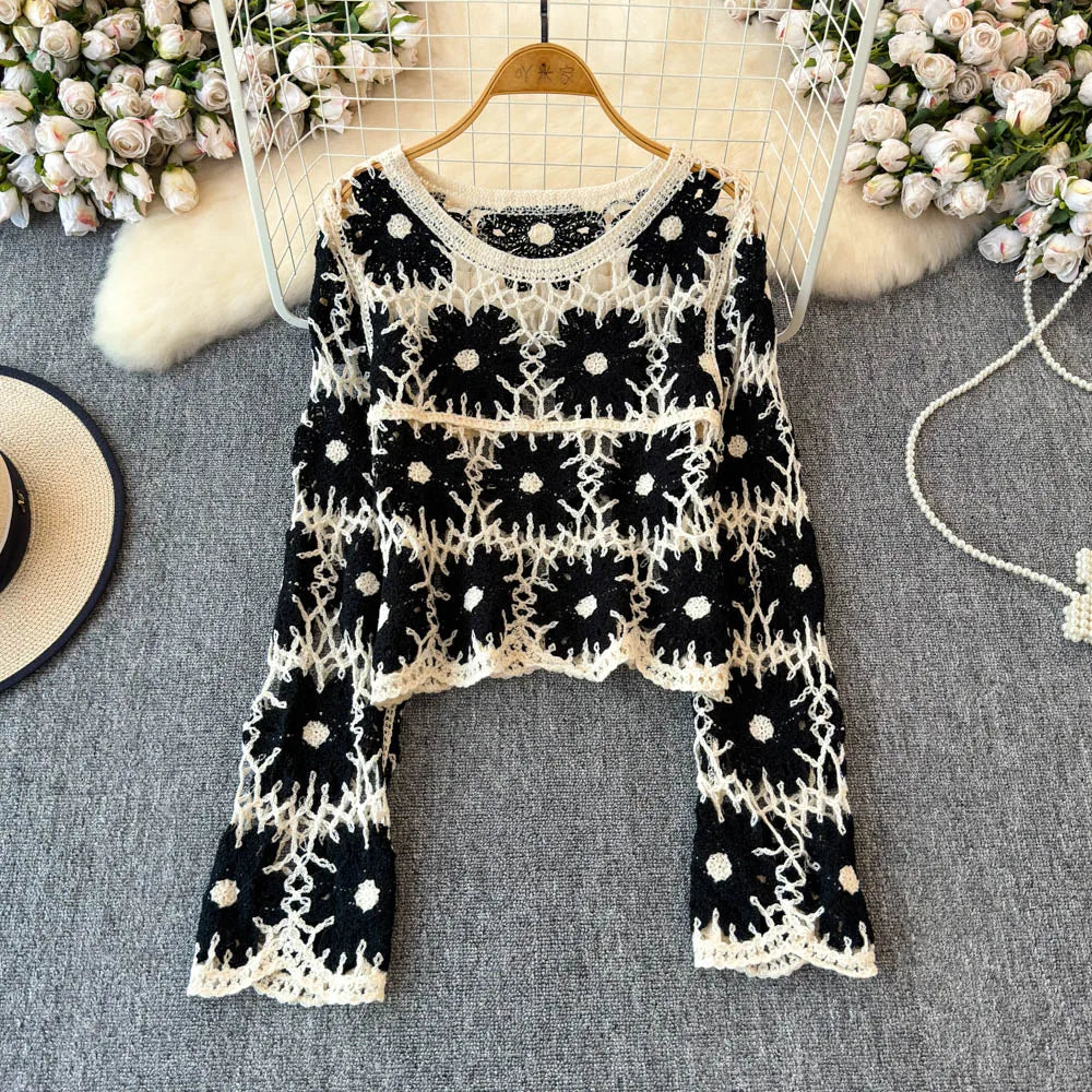 Boho Daisy Crochet Sheer Knit T-Shirt