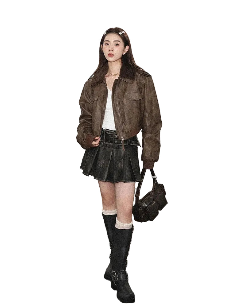 Pleated Faux Belt Short Mini Leather Skirt