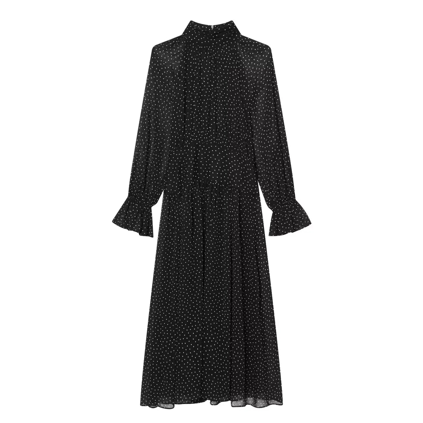 French Style Polka Dot High Neck Pleated Chiffon Dress