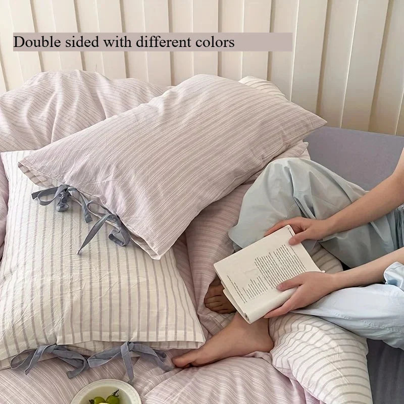 Double Sided Stripes Bow Cotton Pillow Case