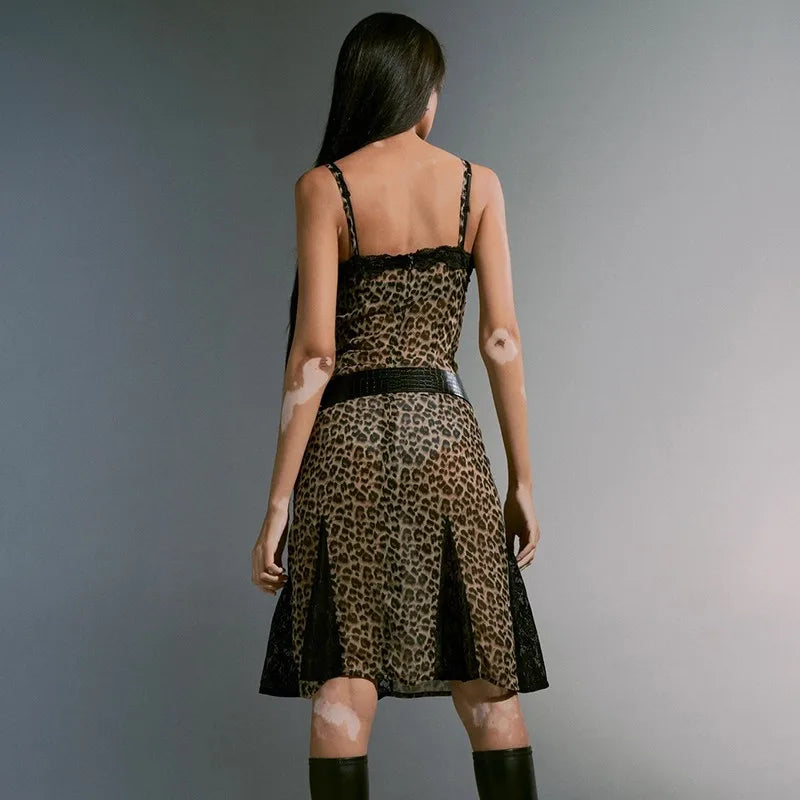 Leopard Print Grunge Spaghetti Strap Midi Dress