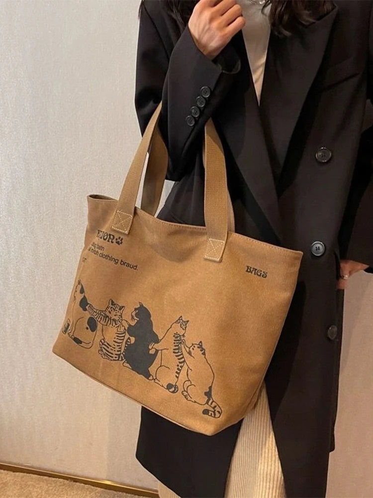 Vintage Cat Print Tote Bag