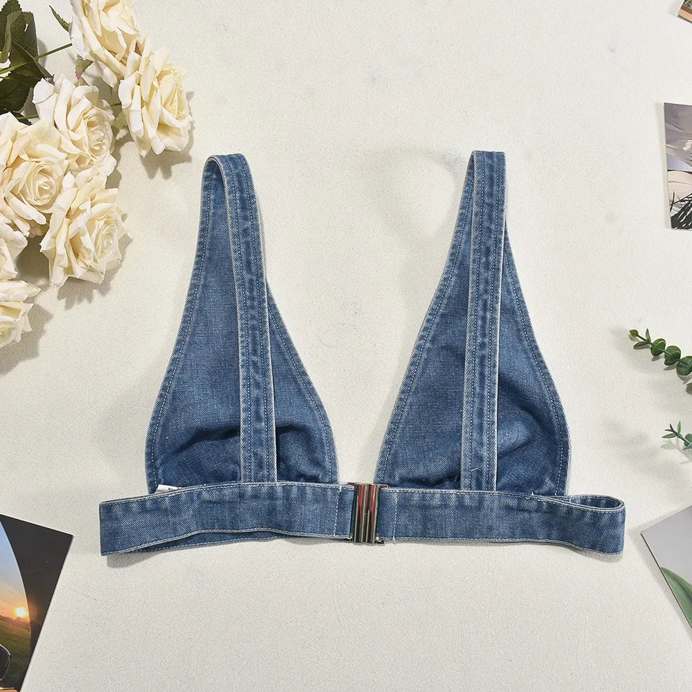Metal Buckle Deep V-Neck Denim Tank