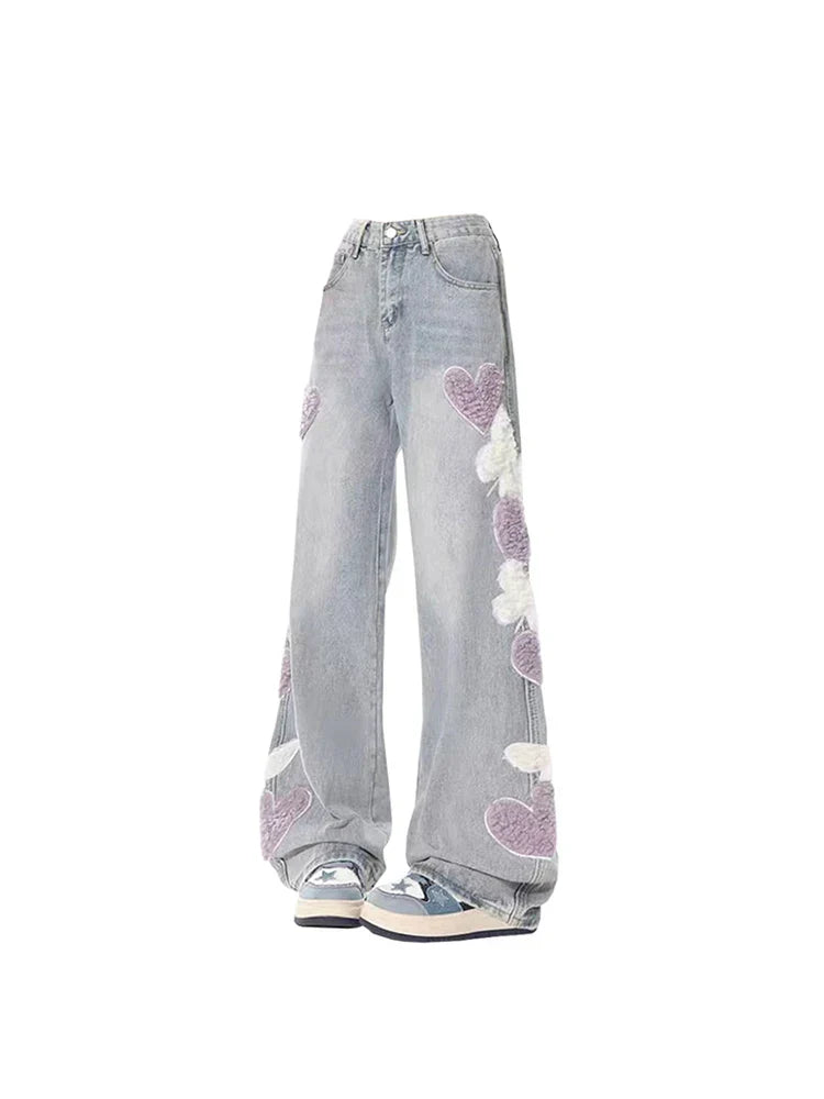 Soft Girl Fluffy Heart Butterfly Jeans