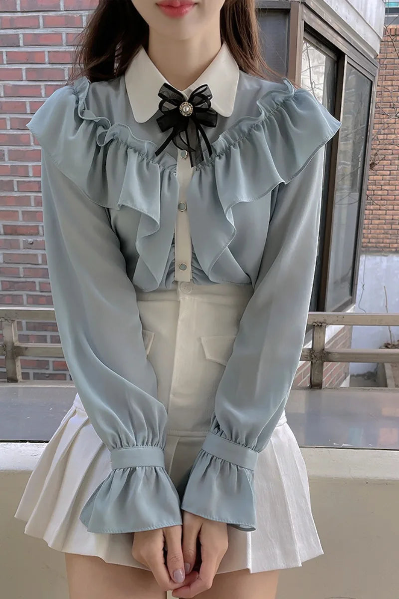 Sweet Bow Ruffle Patchwork Blouse