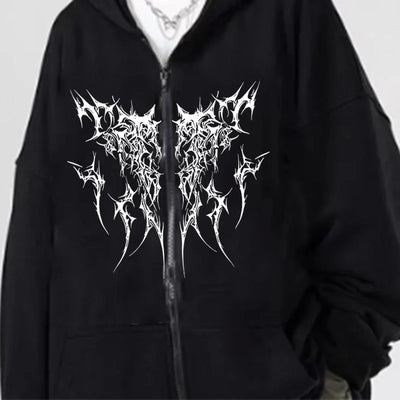Vintage Fleece Gothic Black Zip Up Hoodie