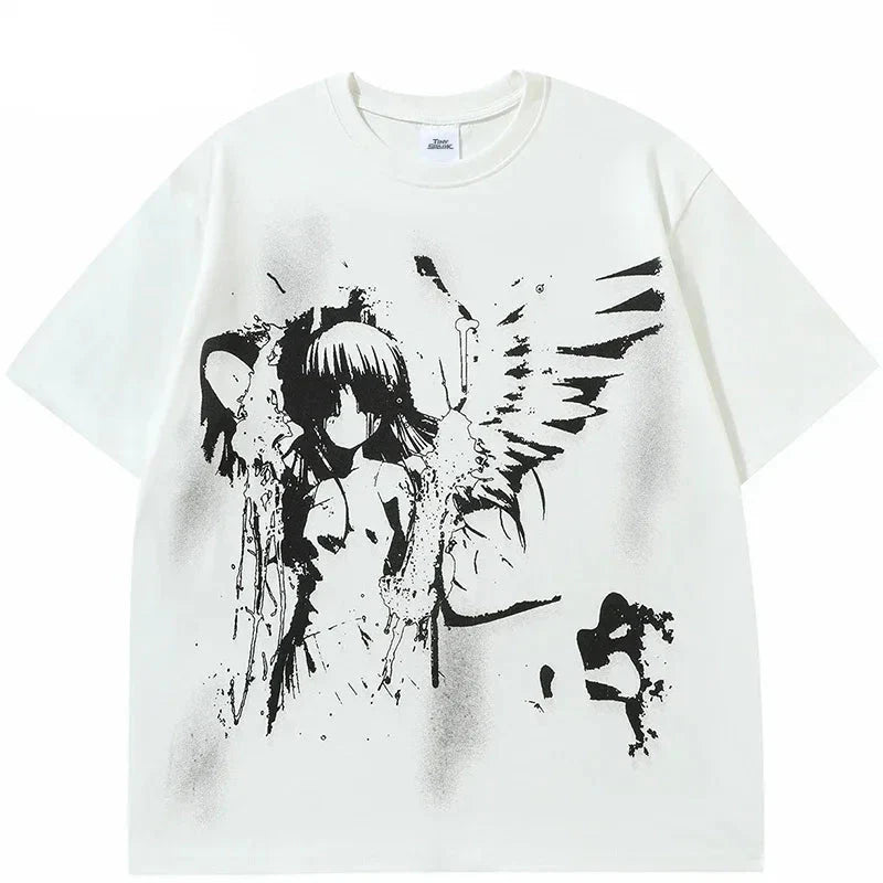 Schwarze Engel-Flügel Grafik Anime T-Shirt