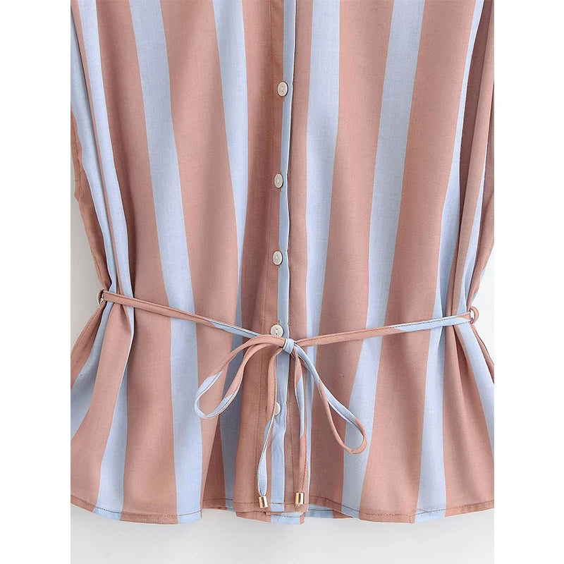 Sleeveless Lapel Collar Striped Shirt