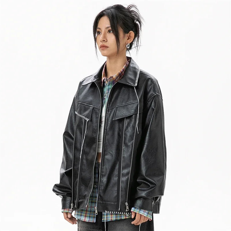 Black Synthetic Skin Rider Zip-up Leather Jacket