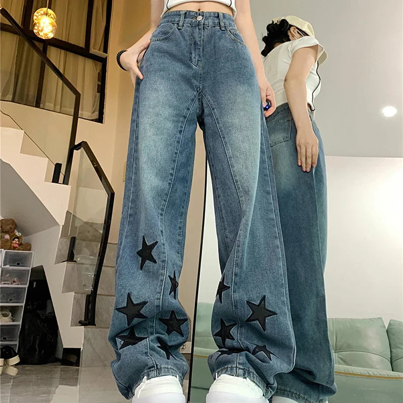 High Waist Wide Leg Retro Star Jeans