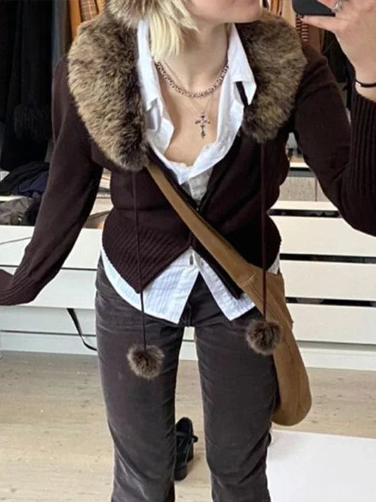 Y2K Fur Cropped Zip-up Cardigan