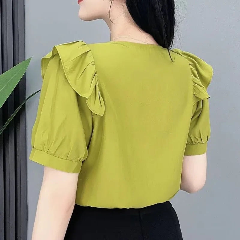 Chiffon Patchwork Ruffles Button Neck Shirt