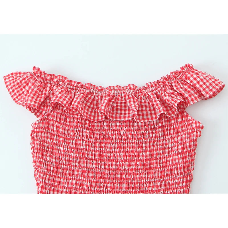 Ruffle Sexy Off Shoulder Red Plaid Blouse