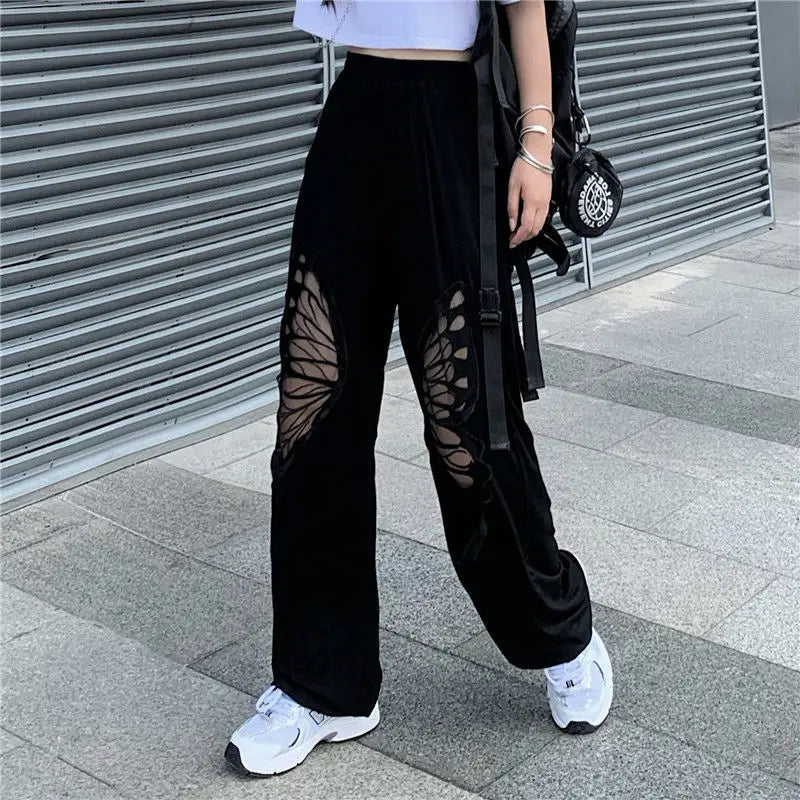 Butterfly Hollow Out Black Casual Pant
