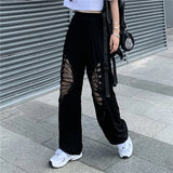 Butterfly Hollow Out Black Casual Pant