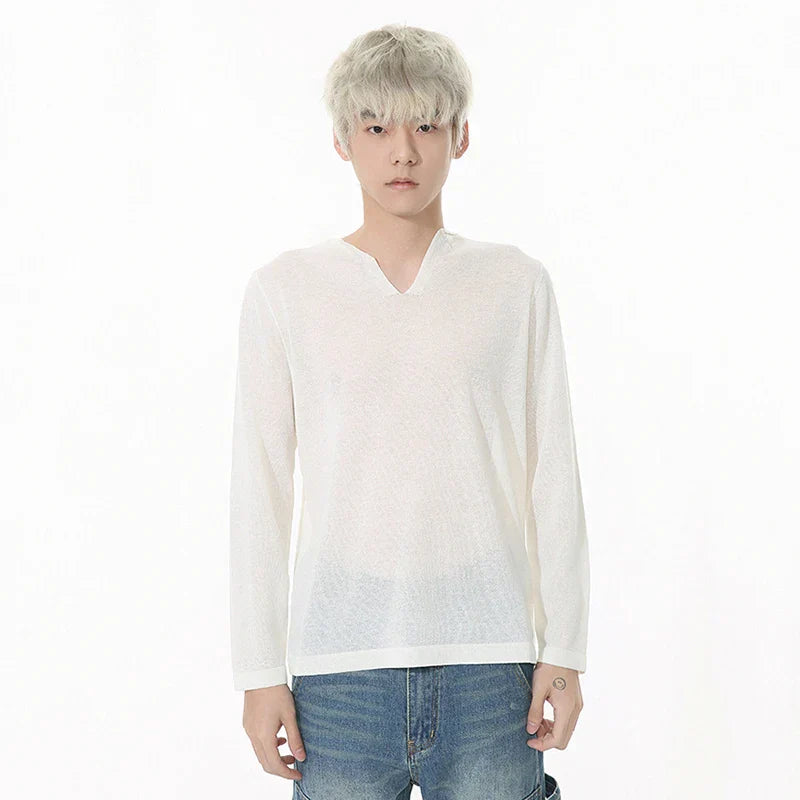 Schlankes, langärmliges V-Neck T-Shirt im koreanischen Stil
