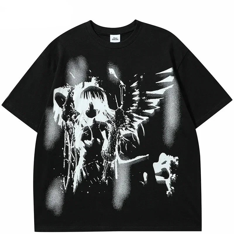 Schwarze Engel-Flügel Grafik Anime T-Shirt