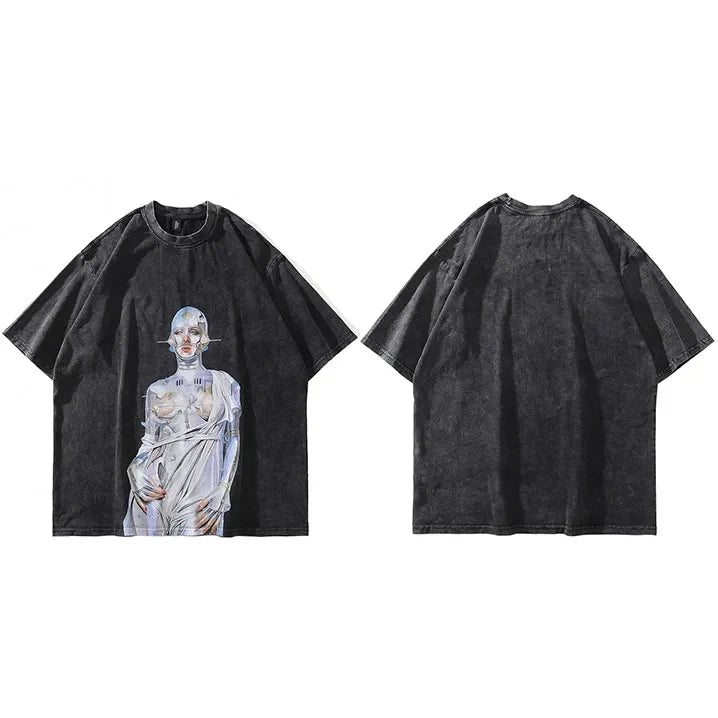 Vintage Robot Graphic Black Oversized T-Shirt