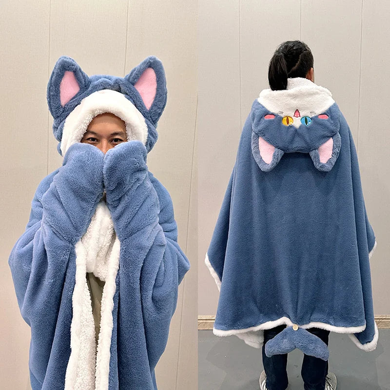 Cartoon Cute Seal Cat Hooded Blanket