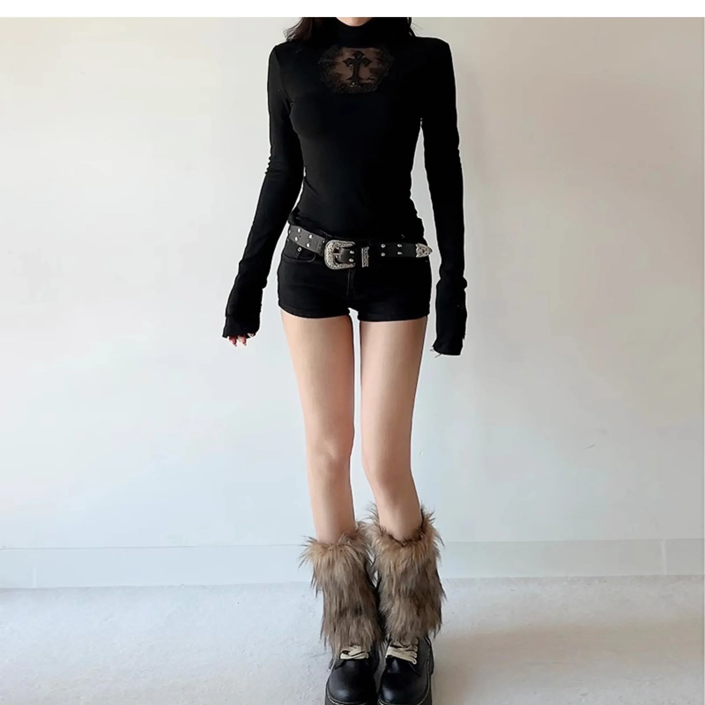 Black Gothic Cross Long Sleeve Slim Top