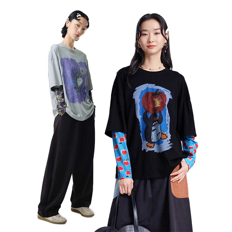 Double-sleeved Funny Animal Print Top