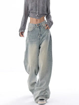 Y2K Off-White Color Distressed Wide Leg Jeans