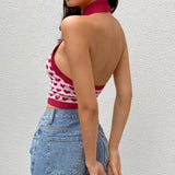 Heart Print Y2K Halter Crop T-Shirt