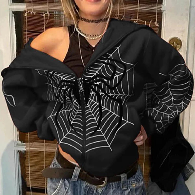 Y2K Spider Web Zip Up Hoodie