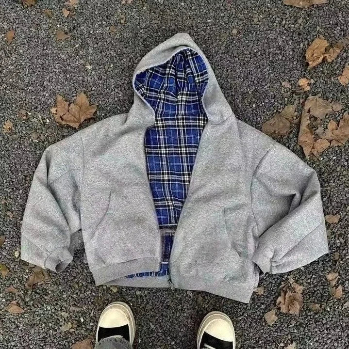 Double Sided Plaid Vintage Zip Hoodie