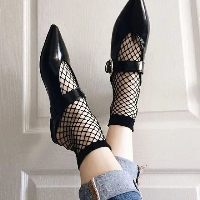 Ladies Fishnet Socks Heel With Bow Pearls Funny Breathable Socks