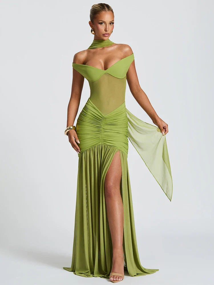 Elegantes gerafftes Maxi-Kleid aus Mesh