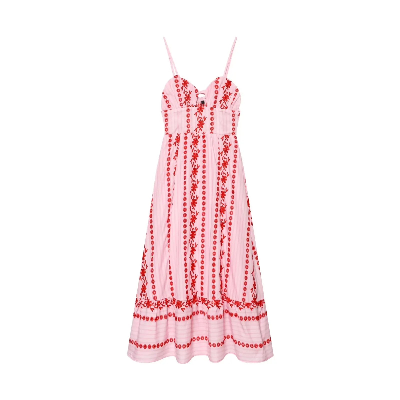 Pink Floral Embroidery Hollow Out Midi Dress