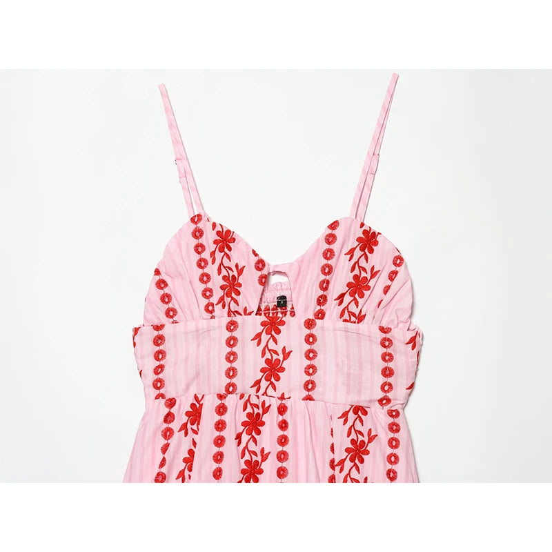 Pink Floral Embroidery Hollow Out Midi Dress
