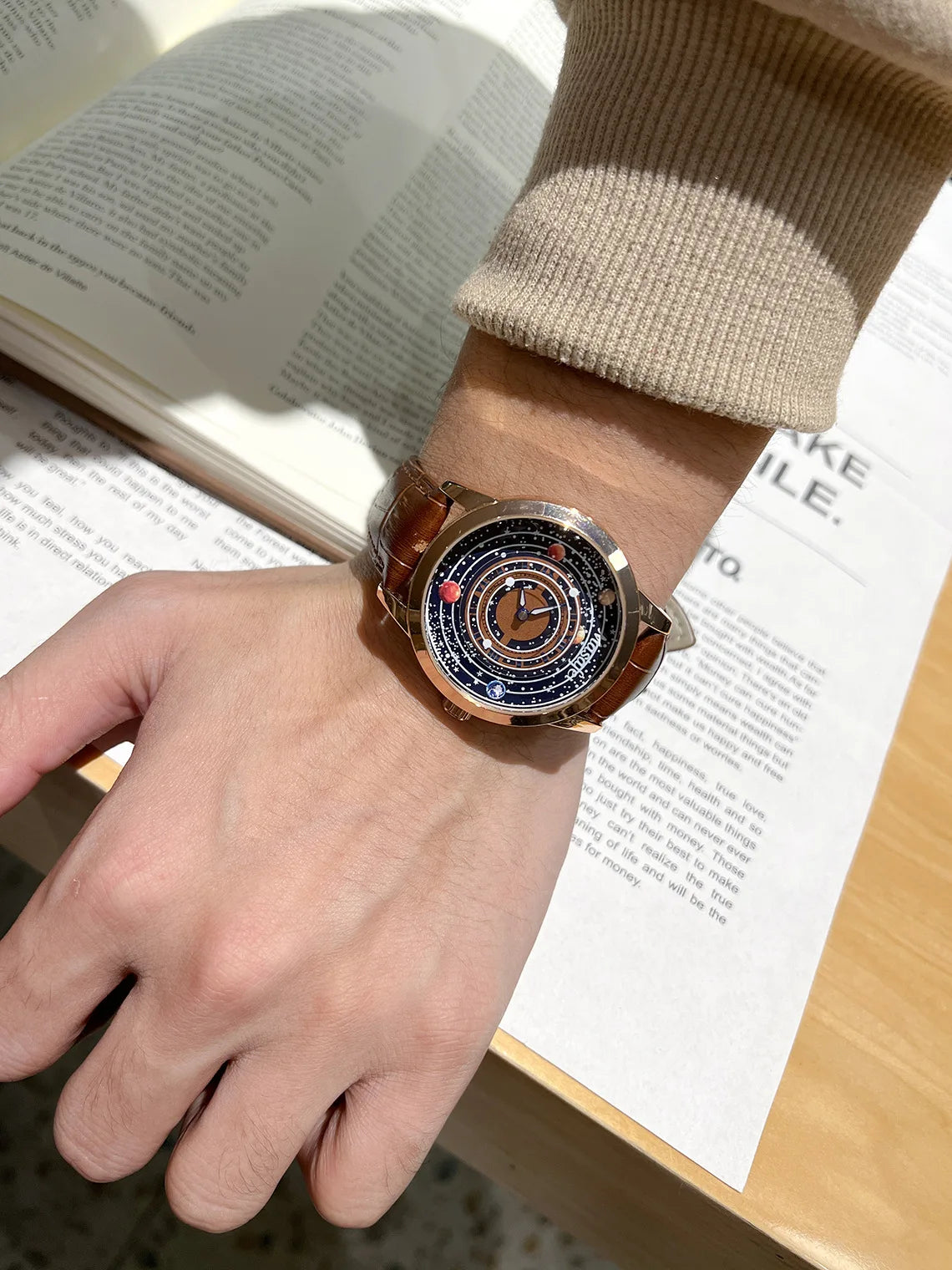 Planet Dial Brown Leather Strap Quartz Watch