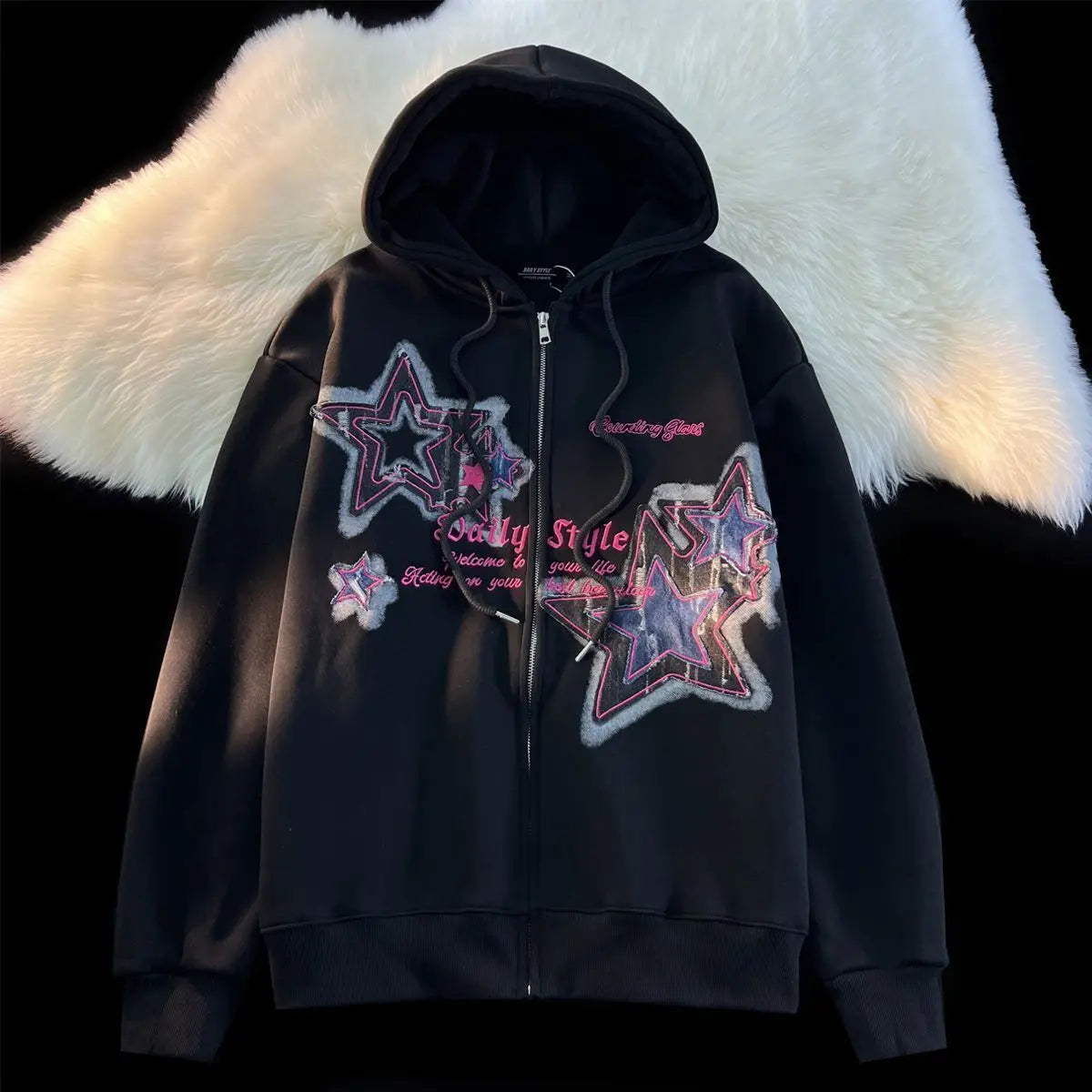 Star Print Y2K Zip Up Hoodie