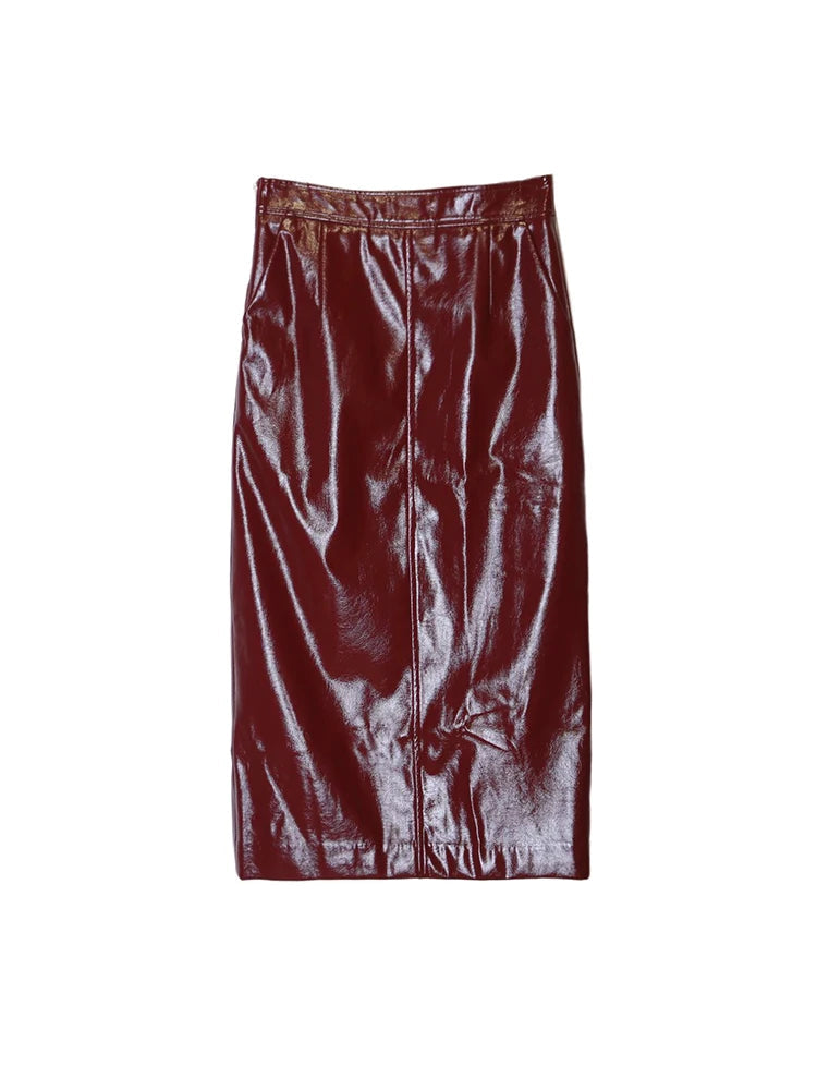 Red Wine High Waist Long Luxury Leather Midi Skirt