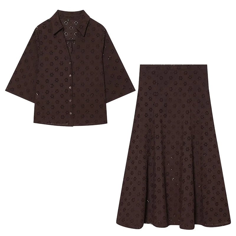 Women Brown Openwork Embroidery Shirt