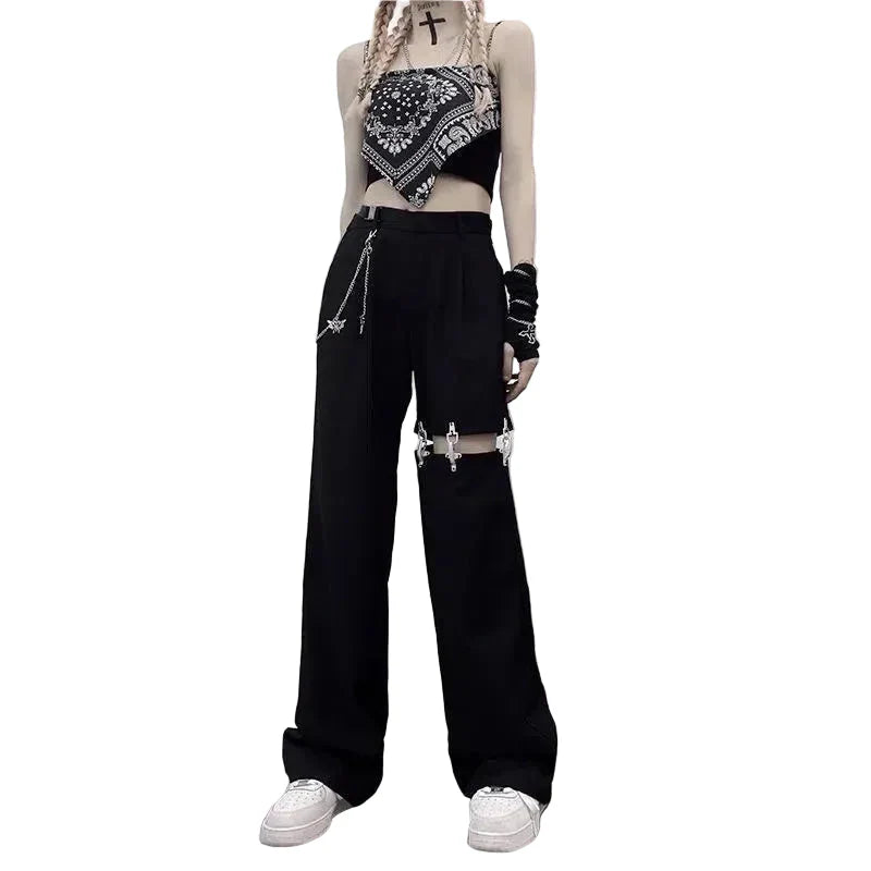 Grunge High Waist Hollow Out Wide Pants