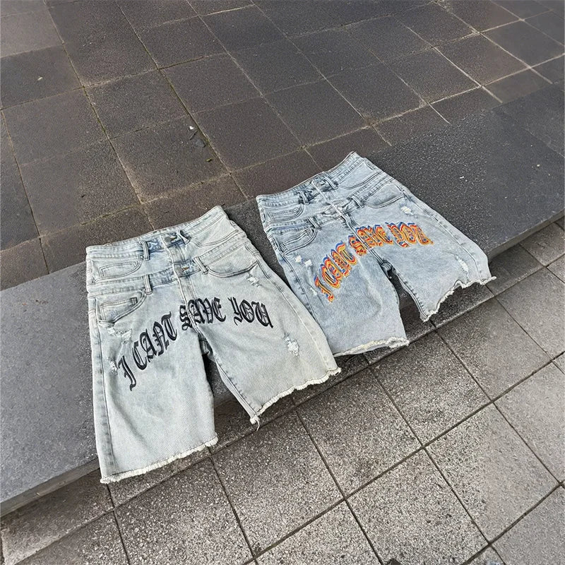 Colorful Embroidered High Waisted Denim Jorts