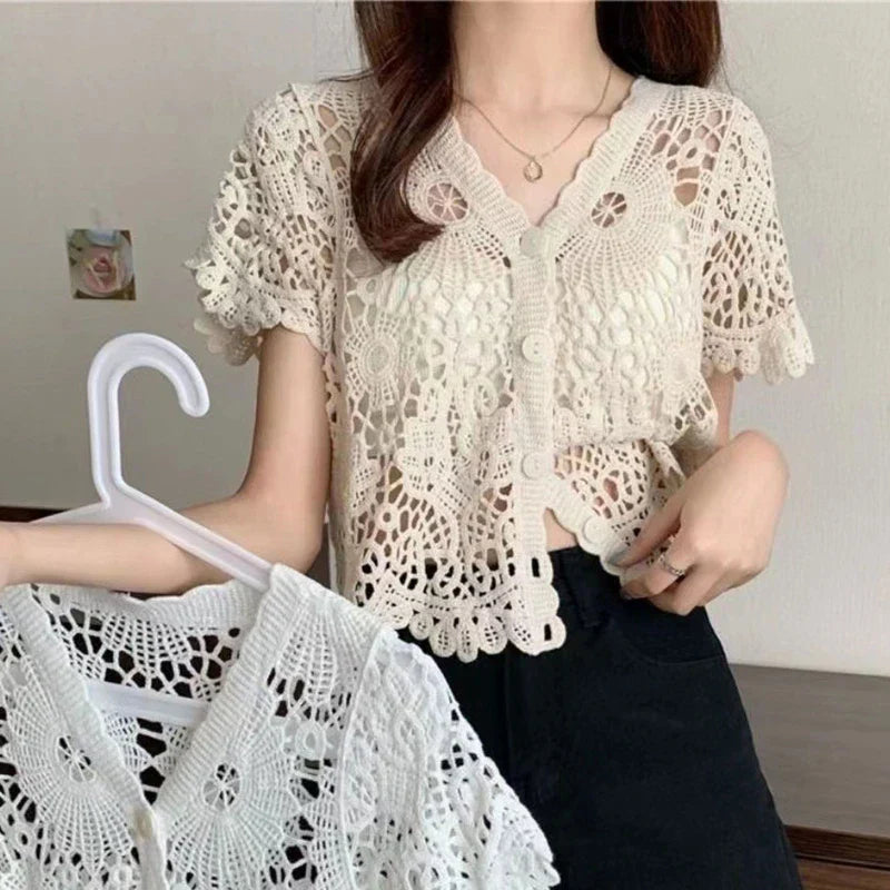 Y2K Handmade Crochet Knitted V-Neck Cardigan