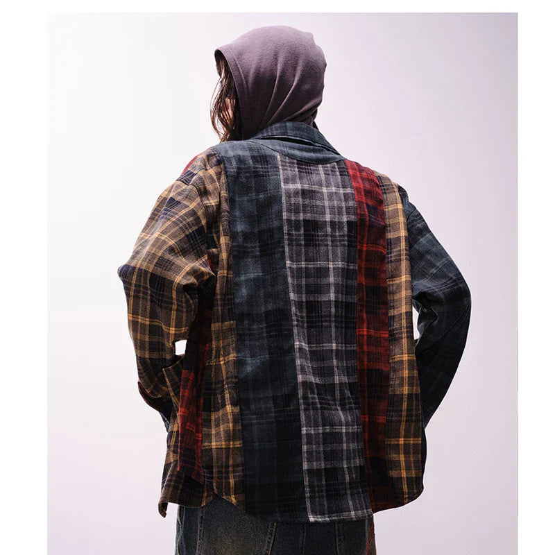 Long Sleeve Patchwork Plaid Retro Shirt