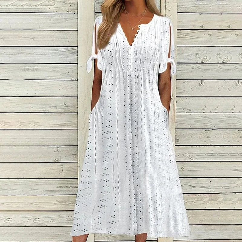 Old Money V-neck Boho White Midi Dress