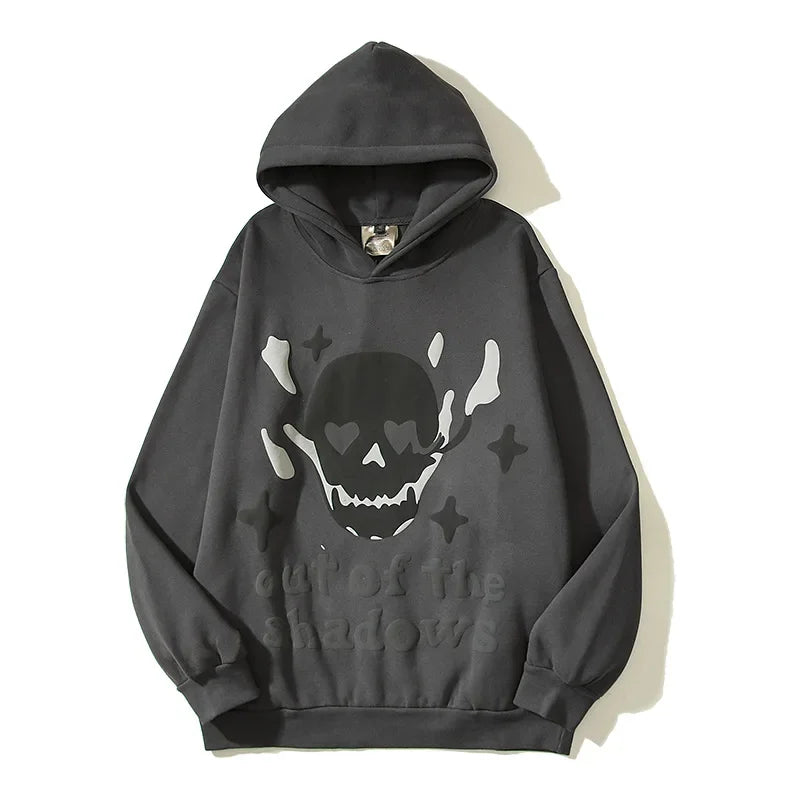 Sudadera gótica con capucha y calavera de llamas espumosas