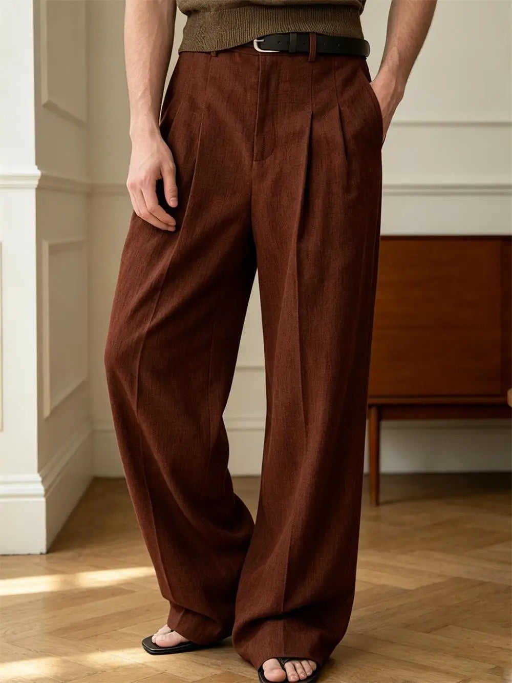High Waist Pleated Linen Wide Leg Pants