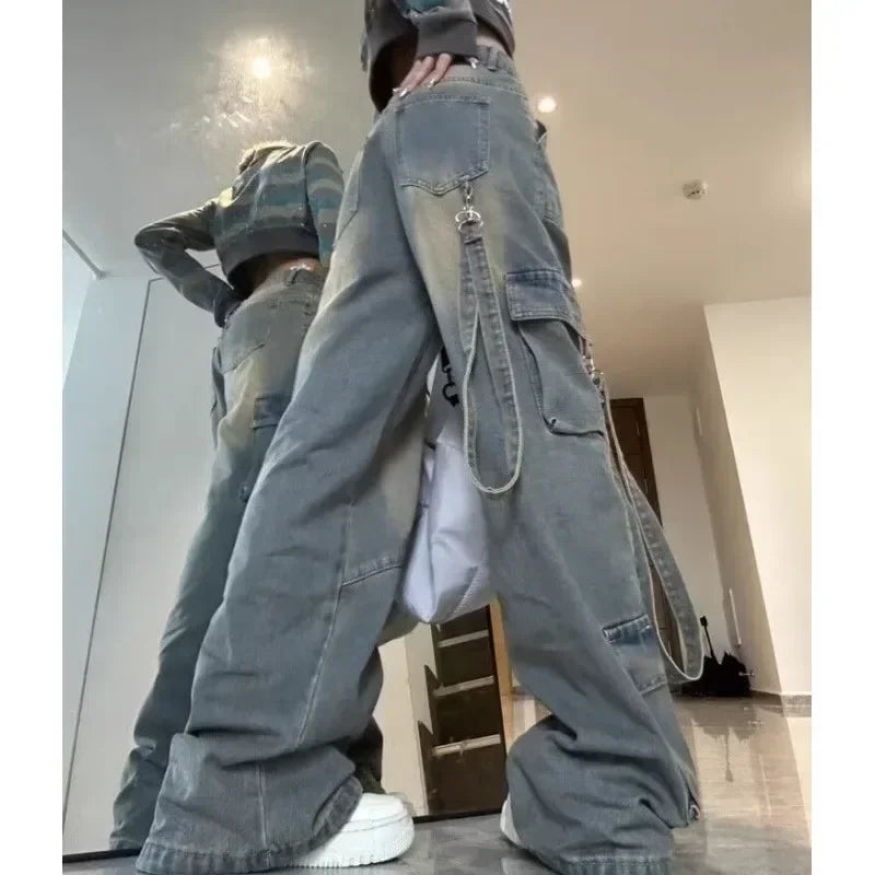 High Waist Denim Cargo Jeans